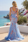 Vestido longo de baile de finalista azul sereia floral com gola V