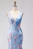 Vestido longo de baile de finalista azul sereia floral com gola V