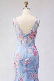 Vestido longo de baile de finalista azul sereia floral com gola V