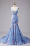 Vestido de baile de finalistas longo com alças finas florais em forma de sereia azul com alças fingas, decote em V