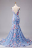 Vestido de baile de finalistas longo com alças finas florais em forma de sereia azul com alças fingas, decote em V