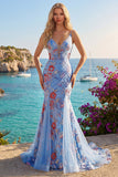 Vestido de baile de finalistas longo com alças finas florais em forma de sereia azul com alças fingas, decote em V
