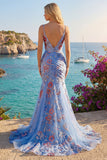 Vestido de baile de finalistas longo com alças finas florais em forma de sereia azul com alças fingas, decote em V
