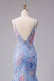 Vestido de baile de finalistas longo com alças finas florais em forma de sereia azul com alças fingas, decote em V