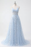 Vestido de Baile Longo de Finalistas Azul com Espartilhos de Lantejoulas A Line