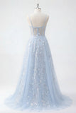 Vestido de Baile Longo de Finalistas Azul com Espartilhos de Lantejoulas A Line