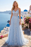 Vestido de Baile Longo de Finalistas Azul com Espartilhos de Lantejoulas A Line