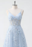 Vestido de Baile Longo de Finalistas Azul com Espartilhos de Lantejoulas A Line