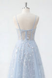 Vestido de Baile Longo de Finalistas Azul com Espartilhos de Lantejoulas A Line