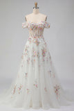 Espartilho floral branco brilhante com contas caídas no ombro Um vestido de noiva longo de linha