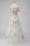 Espartilho floral branco brilhante com contas caídas no ombro Um vestido de noiva longo de linha