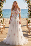 Espartilho floral branco brilhante com contas caídas no ombro Um vestido de noiva longo de linha