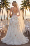 Vestido de Noiva Longo de Lantejoulas Branco com Flores 3D
