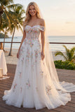 Espartilho floral branco brilhante com contas caídas no ombro Um vestido de noiva longo de linha