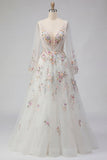 Vestido de noiva branco floral franzido com decote em V, manga comprida A Line
