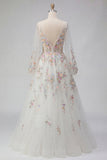Vestido de noiva branco floral franzido com decote em V, manga comprida A Line