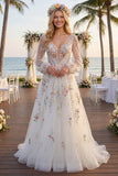 Vestido de noiva branco floral franzido com decote em V, manga comprida A Line