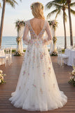 Vestido de noiva branco floral franzido com decote em V, manga comprida A Line