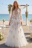 Vestido de noiva branco floral franzido com decote em V, manga comprida A Line