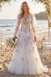 Vestido de noiva branco floral franzido com decote em V, manga comprida A Line