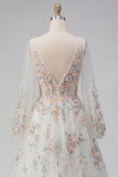 Vestido de noiva branco floral franzido com decote em V, manga comprida A Line
