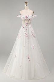 Espartilho floral branco brilhante com contas caídas no ombro Um vestido de noiva longo de linha