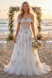 Espartilho floral branco brilhante com contas caídas no ombro Um vestido de noiva longo de linha