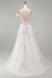Espartilho floral branco brilhante com contas caídas no ombro Um vestido de noiva longo de linha