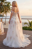 Espartilho floral branco brilhante com contas caídas no ombro Um vestido de noiva longo de linha