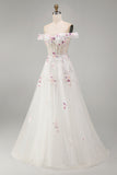 Espartilho floral branco brilhante com contas caídas no ombro Um vestido de noiva longo de linha