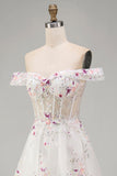 Espartilho floral branco brilhante com contas caídas no ombro Um vestido de noiva longo de linha
