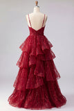 Vestido de Baile Longo com Alças Finas em Vinho Brilhante e Lantejoulas
