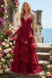 Vestido de Baile Longo com Alças Finas em Vinho Brilhante e Lantejoulas