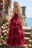 Vestido de Baile Longo com Alças Finas em Vinho Brilhante e Lantejoulas