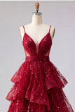 Vestido de Baile Longo com Alças Finas em Vinho Brilhante e Lantejoulas