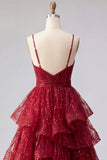 Vestido de Baile Longo com Alças Finas em Vinho Brilhante e Lantejoulas