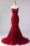 Vestido de Baile de Baile de Sereias Borgonha Brilhante Longo com Missangas e Fenda
