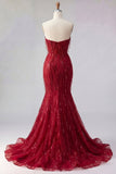 Vestido de Baile de Baile de Sereias Borgonha Brilhante Longo com Missangas e Fenda