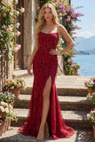 Vestido de Baile de Baile de Sereias Borgonha Brilhante Longo com Missangas e Fenda