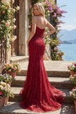 Vestido de Baile de Baile de Sereias Borgonha Brilhante Longo com Missangas e Fenda