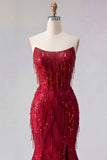 Vestido de Baile de Baile de Sereias Borgonha Brilhante Longo com Missangas e Fenda