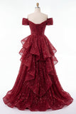 Vestido de Baile Borgonha Longo Ombros à Vista Linha-A e Folhos