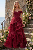 Vestido de Baile Borgonha Longo Ombros à Vista Linha-A e Folhos