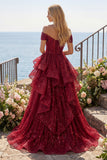 Vestido de Baile Borgonha Longo Ombros à Vista Linha-A e Folhos