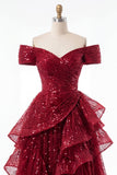 Vestido de Baile Borgonha Longo Ombros à Vista Linha-A e Folhos