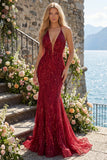 Vestido de baile de finalistas com longas contas e sereia com contas brilhantes, com franjas