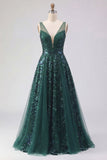 Vestido de baile de finalistas de finalistas de curta forma, verde escuro verde escuro brilhante, uma linha longa de lantejoulas
