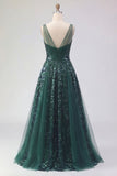 Vestido de baile de finalistas de finalistas de curta forma, verde escuro verde escuro brilhante, uma linha longa de lantejoulas