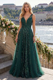 Vestido de baile de finalistas de finalistas de curta forma, verde escuro verde escuro brilhante, uma linha longa de lantejoulas