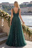 Vestido de baile de finalistas de finalistas de curta forma, verde escuro verde escuro brilhante, uma linha longa de lantejoulas